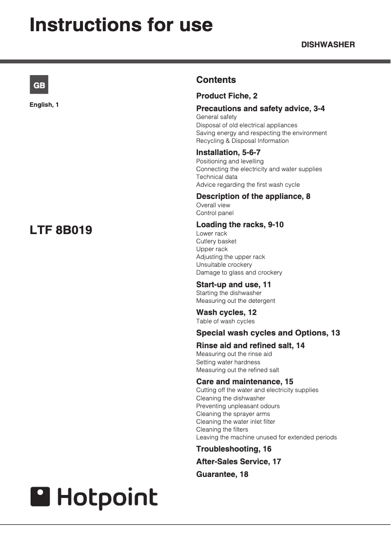 Page 1 de la notice Manuel utilisateur Hotpoint LTF 8B019 Aquarius