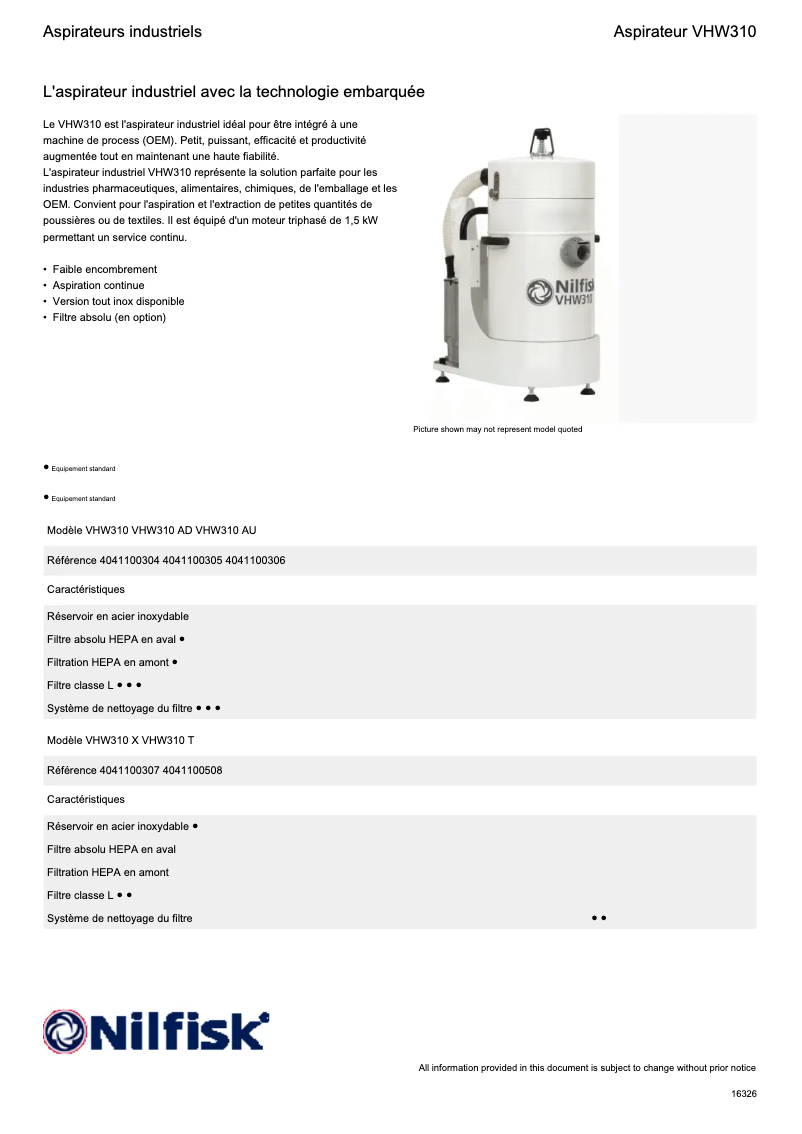 Page 1 de la notice Fiche technique Nilfisk VHW310