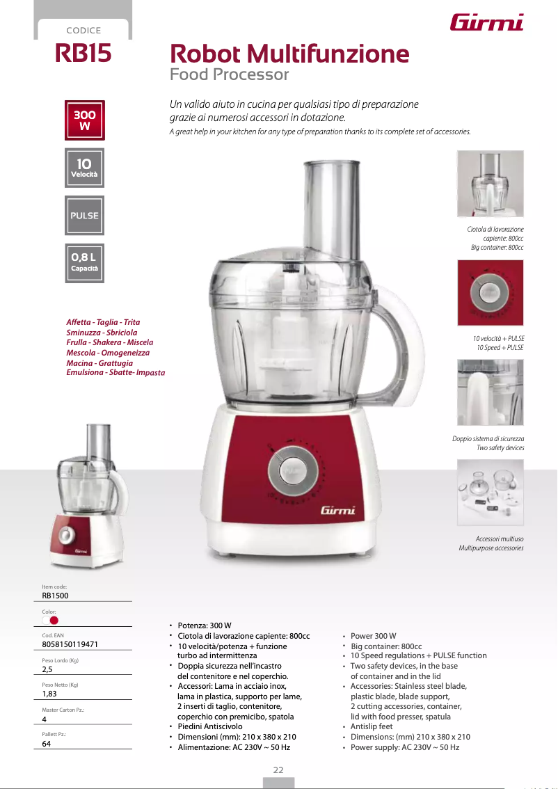 Page 1 de la notice Fiche technique Girmi RB15