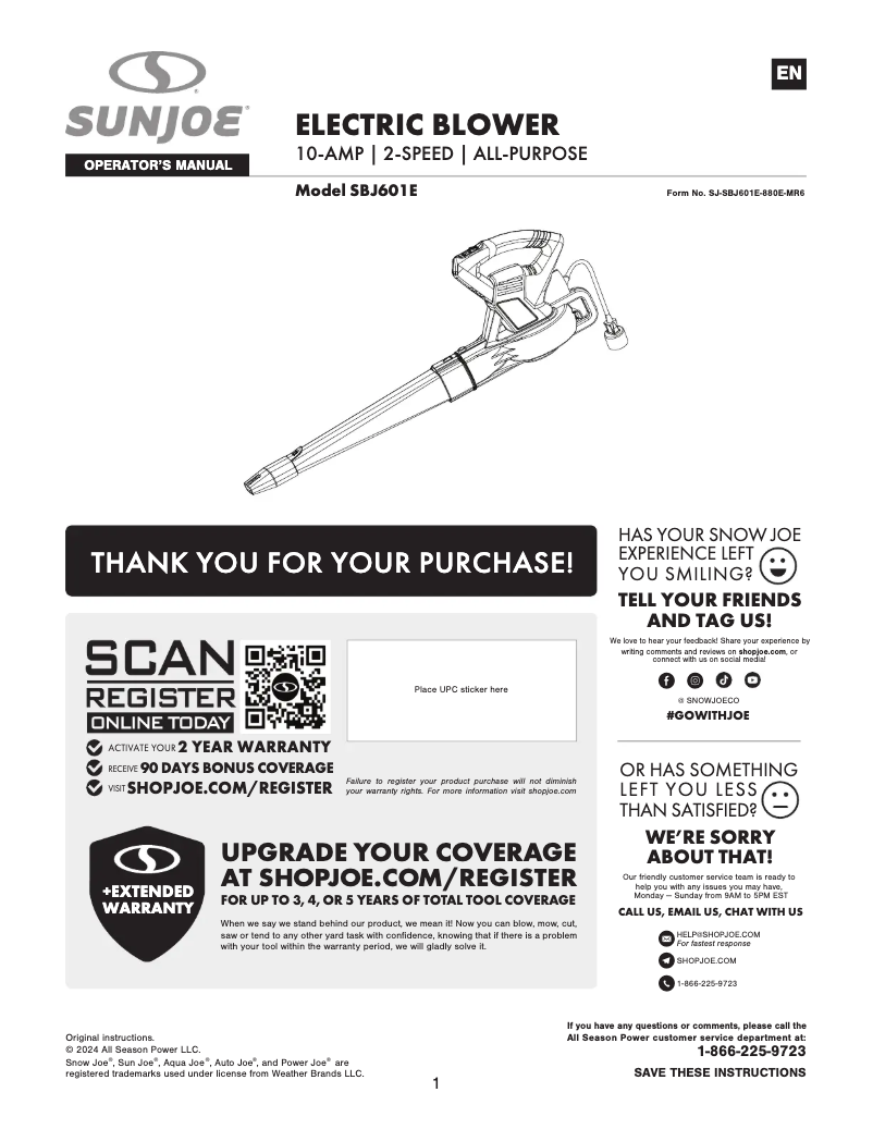 Page 1 de la notice Manuel utilisateur Sun Joe SBJ601E