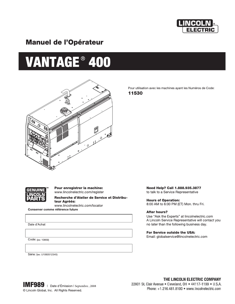 Page 1 de la notice Manuel utilisateur Lincoln Electric Vantage 400