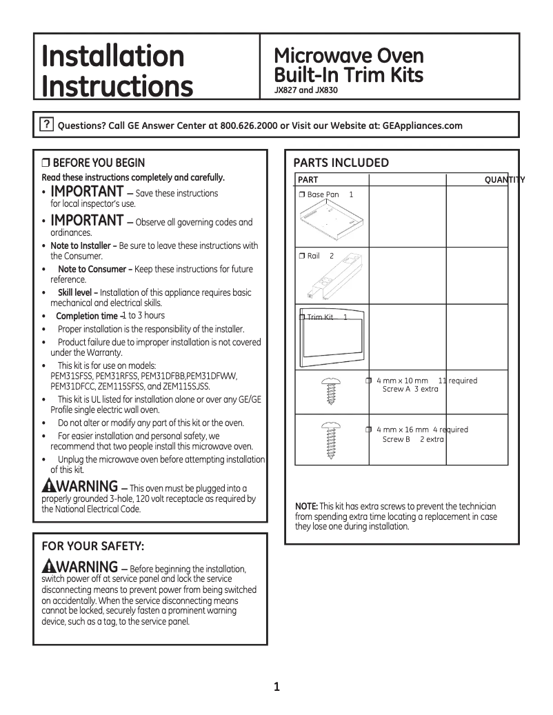 Page 1 de la notice Manuel utilisateur GE JX830SFSS