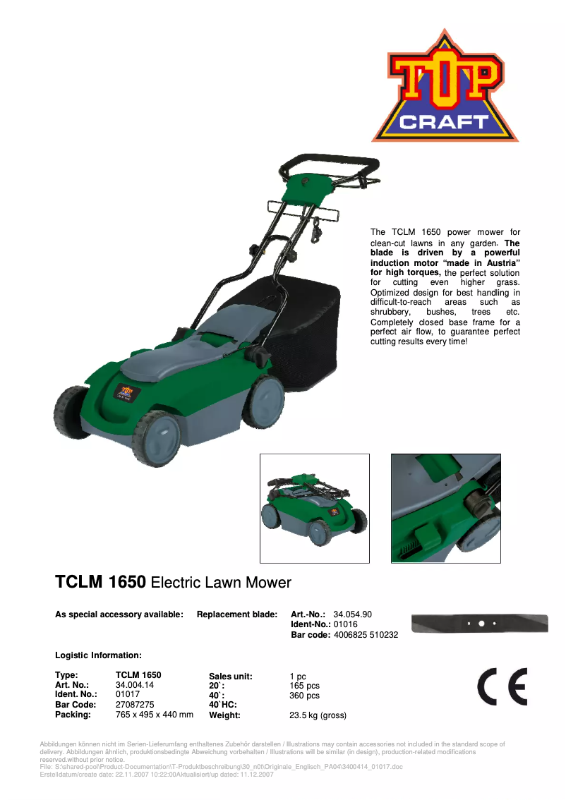 Page n°1 - Fiche technique Topcraft TCLM 1650