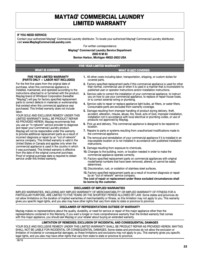 Page 1 de la notice Informations de garantie Maytag MDG20CSAWW