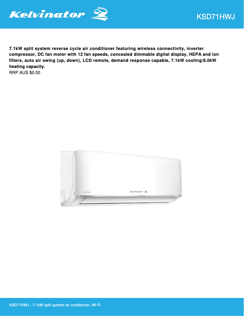 Page 1 de la notice Fiche technique Kelvinator KSD71HWJ