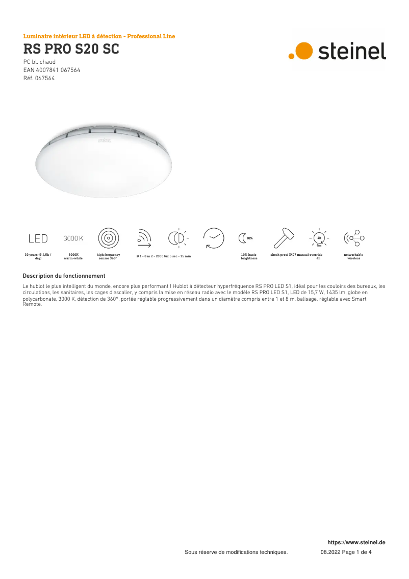Page 1 de la notice Fiche technique Steinel RS PRO S20 SC