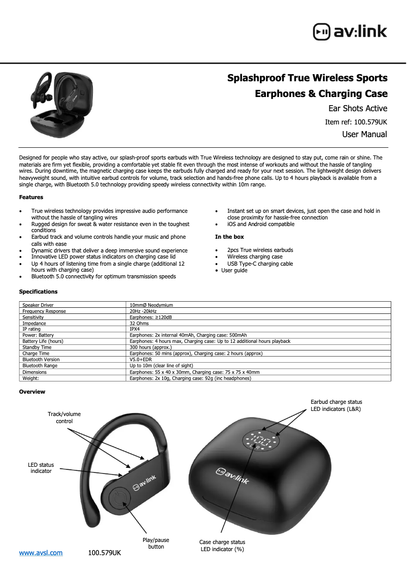 Page n°1 - Manuel utilisateur AV:link Ear Shots Active