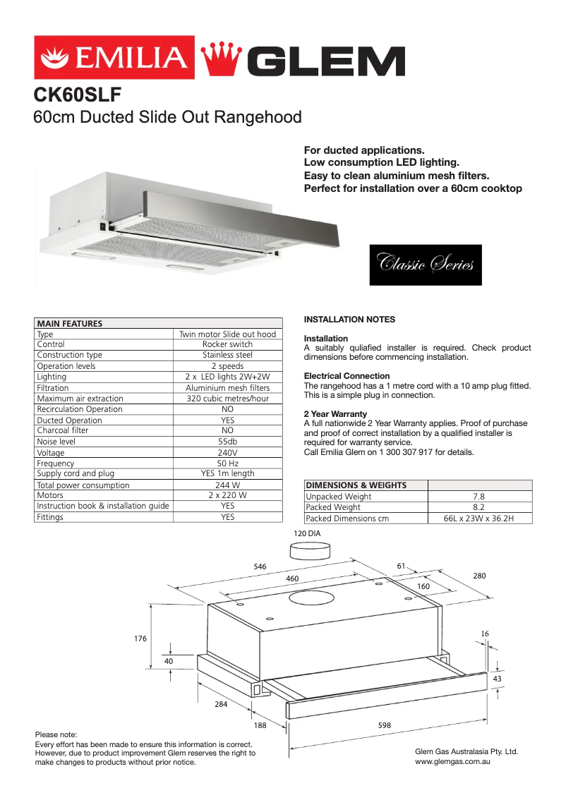 Page 1 de la notice Fiche technique Emilia CK60SLF