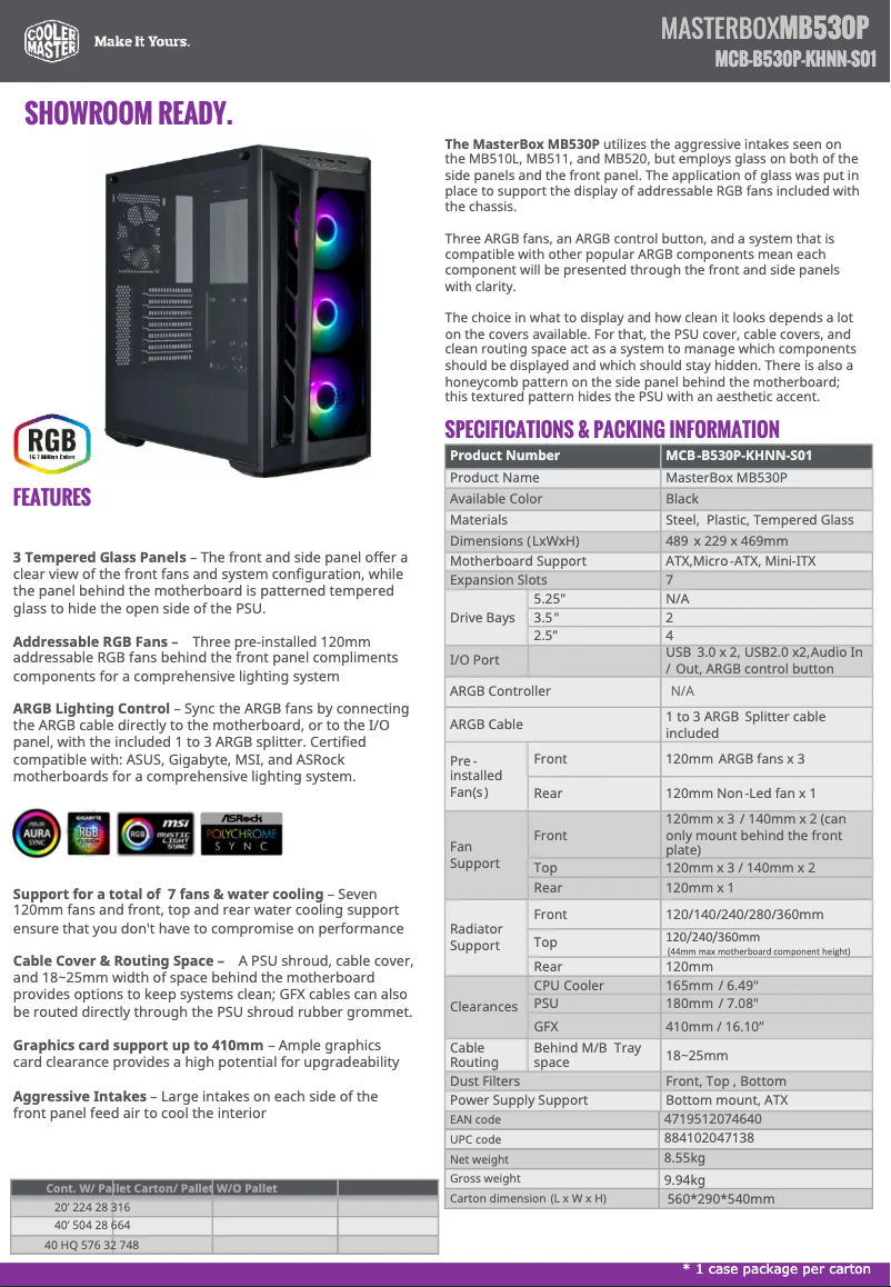 Page 1 de la notice Fiche technique Cooler Master MasterBox MB530P