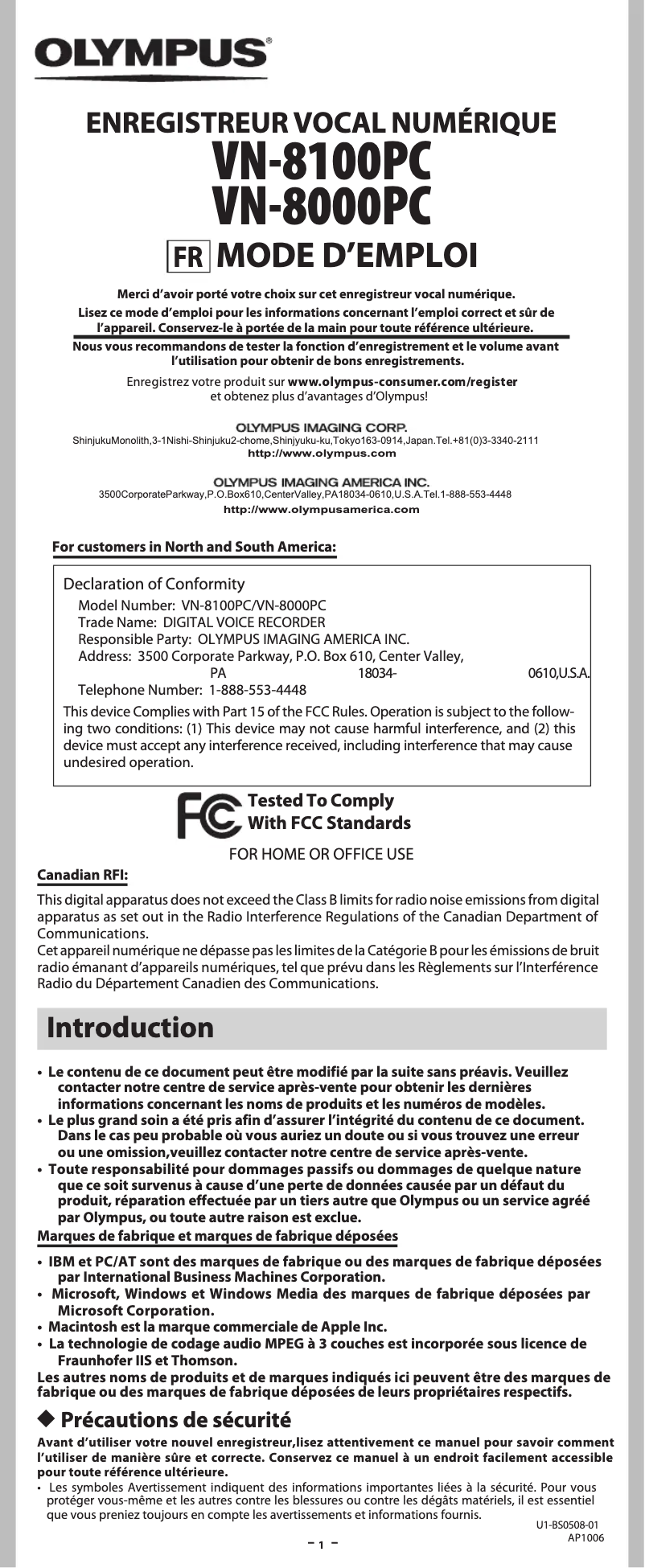 Page n°1 - Manuel utilisateur Olympus VN-8100PC