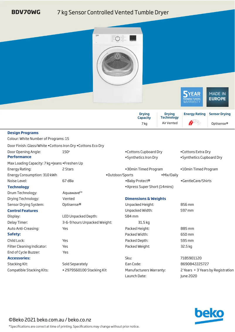 Page 1 de la notice Fiche technique Beko BDV70WG