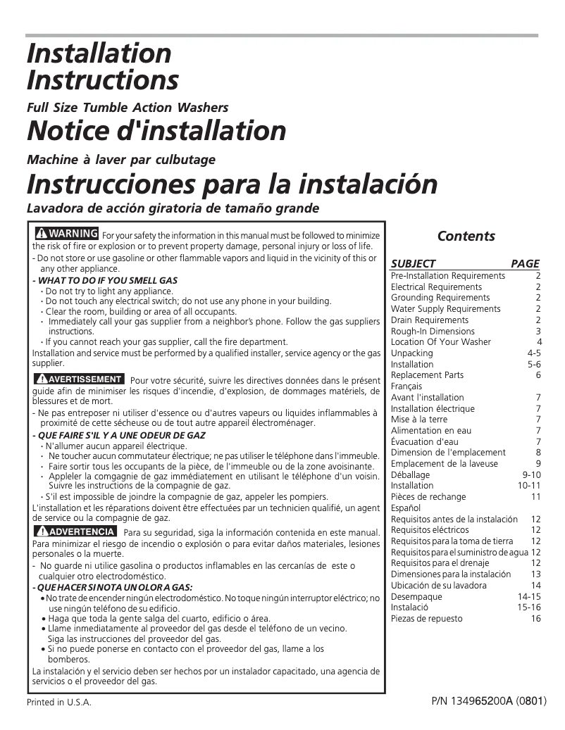 Page 1 de la notice Guide d'installation Frigidaire LTF2940FS