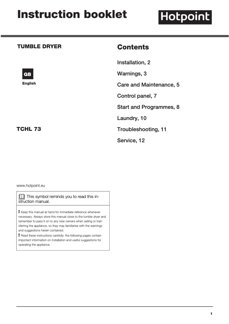 Page 1 de la notice Manuel utilisateur Hotpoint TCHL 73B RP (UK)
