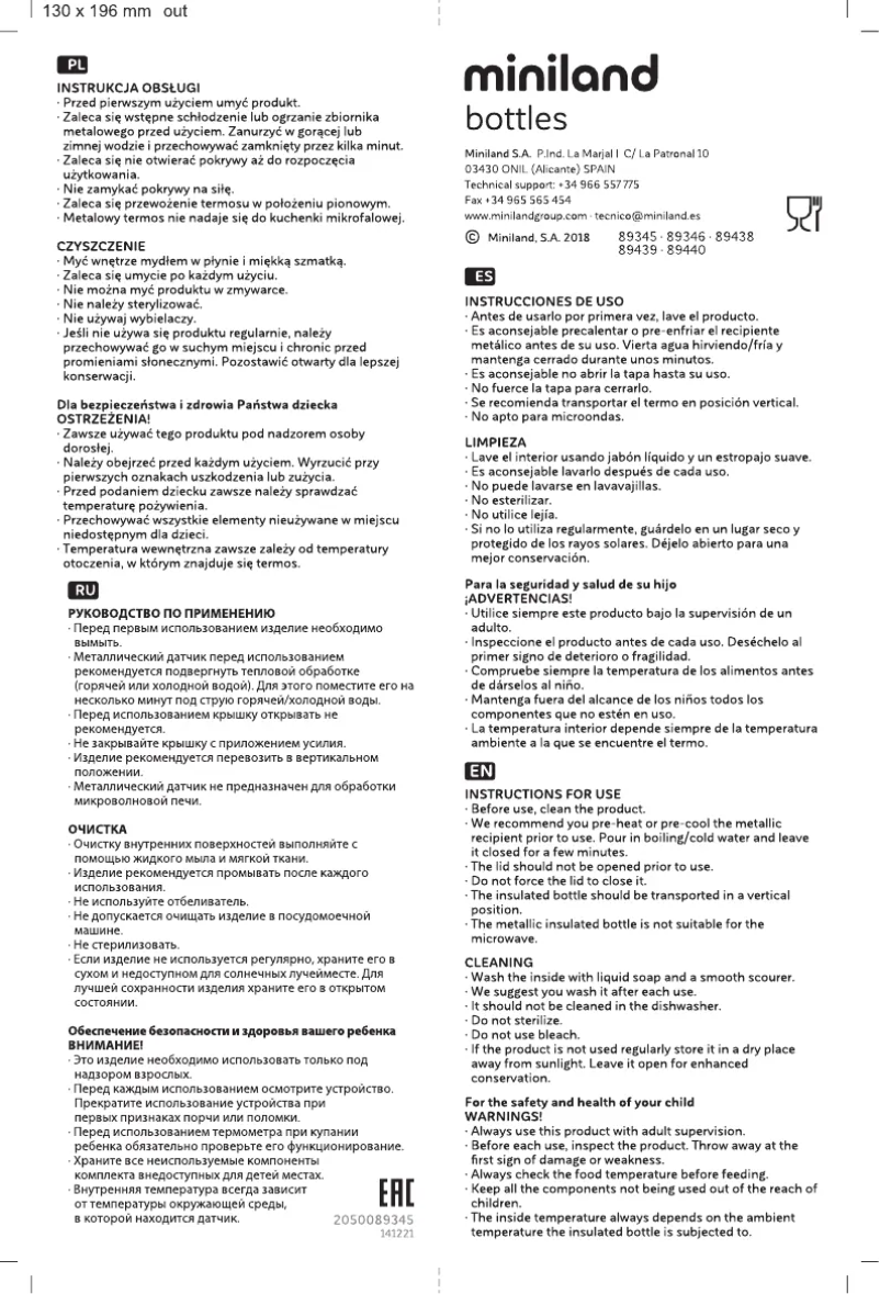 Page 1 de la notice Manuel utilisateur Miniland Bottle Flowers 500Ml 89438