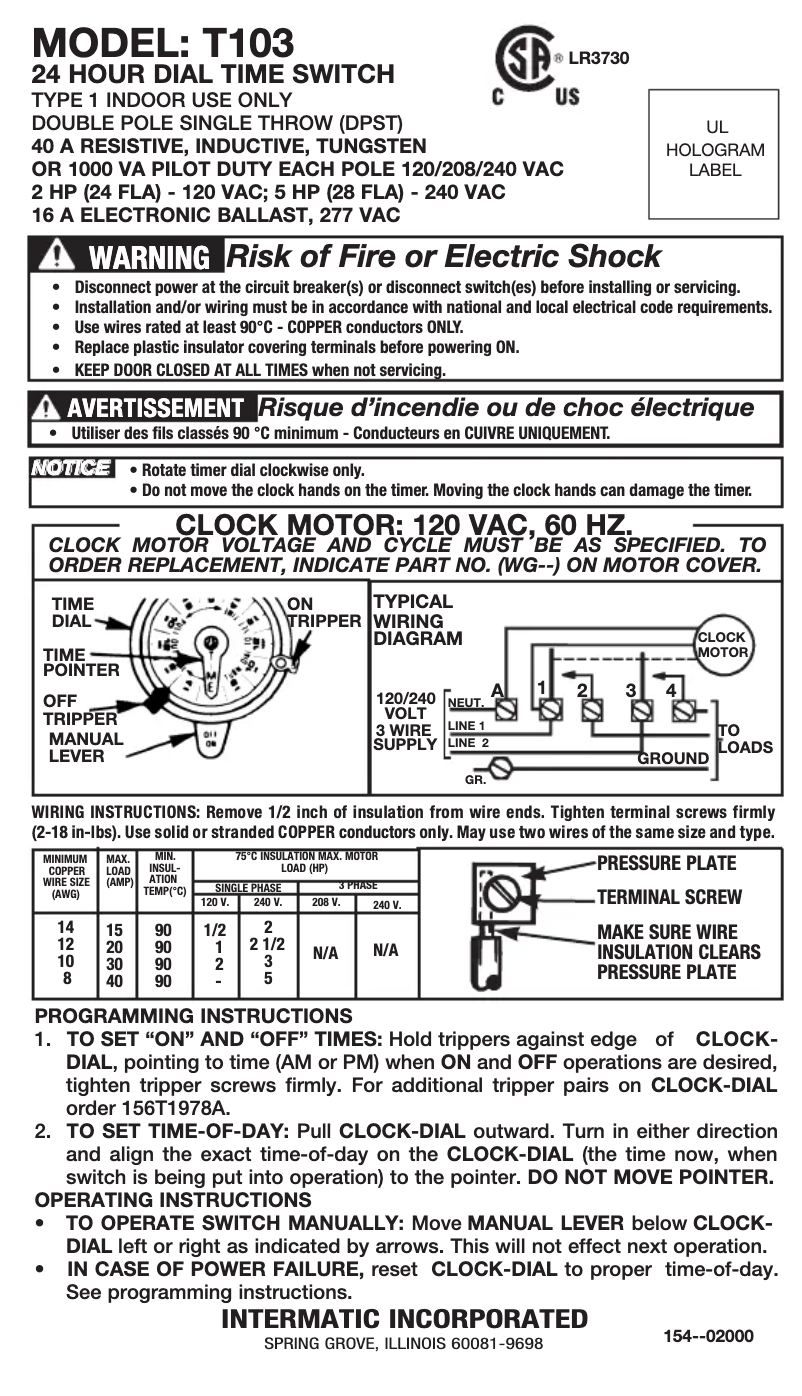 Page 1 de la notice Manuel utilisateur Intermatic T103