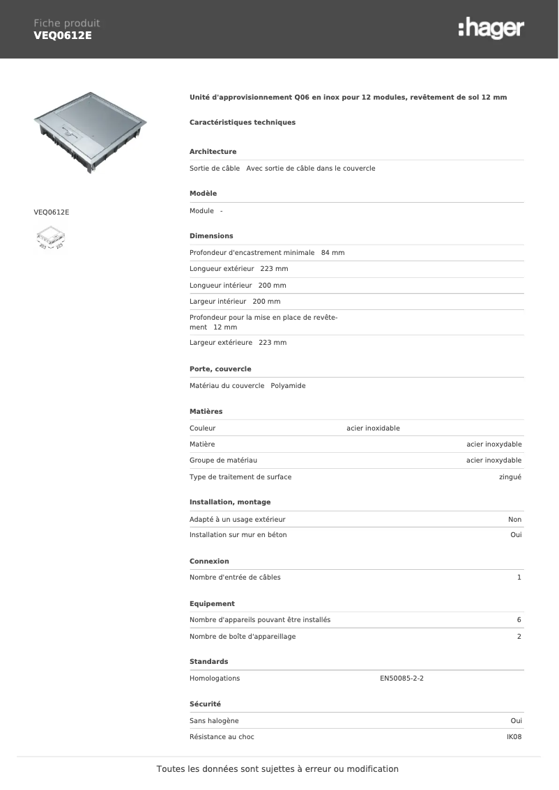 Page n°1 - Fiche technique Hager VEQ0612E