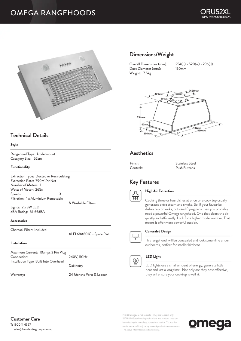 Page n°1 - Fiche technique Omega ORU52XL