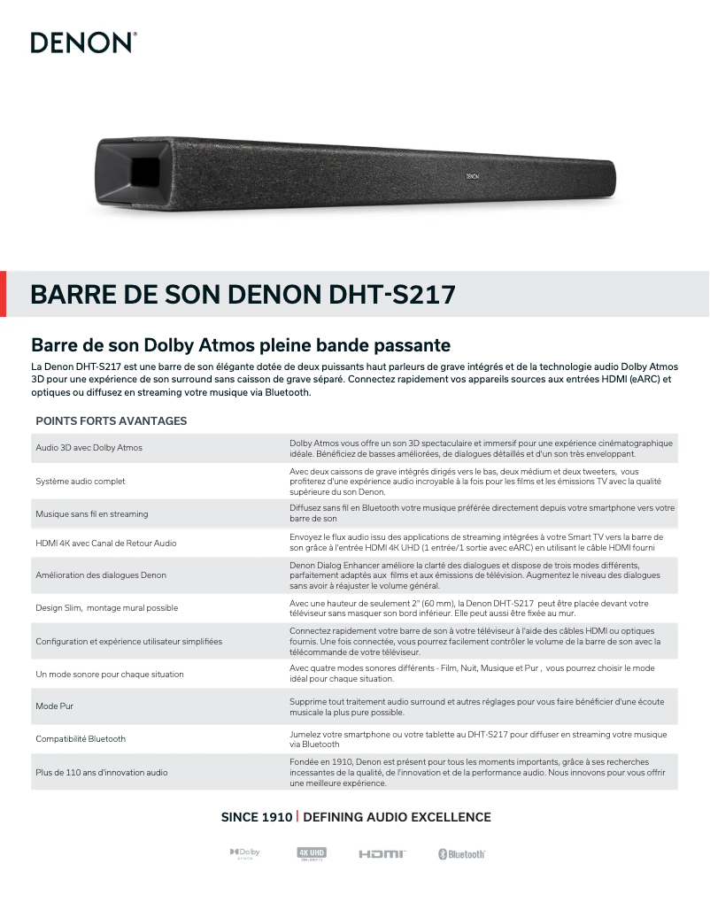 Page 1 de la notice Fiche technique Denon DHT-S217