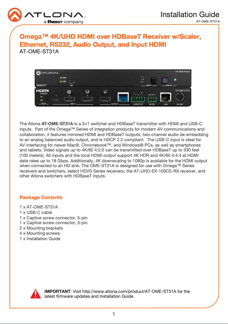 Page 1 de la notice Guide d'installation Atlona AT-OME-ST31A