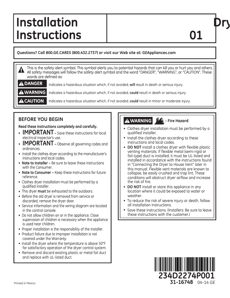 Page 1 de la notice Instructions / montage GE GFDS170EHWW