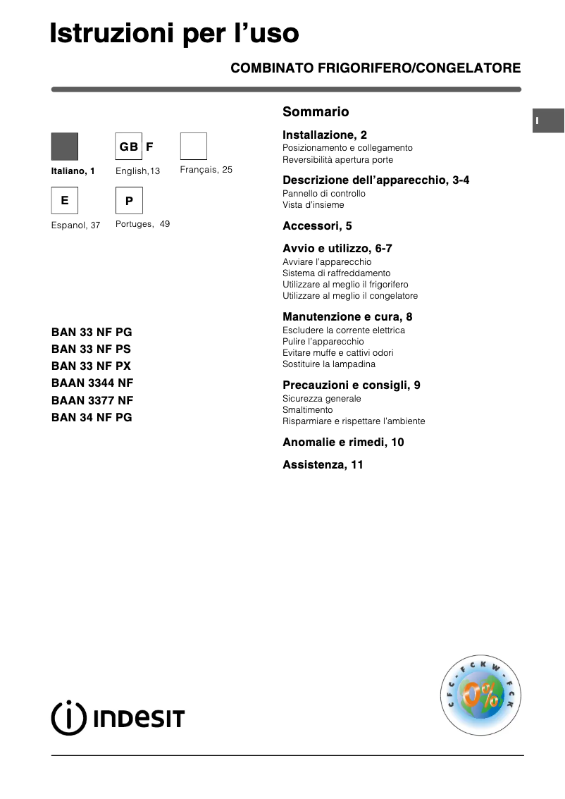 Page 1 de la notice Manuel utilisateur Indesit BAN 33 NF P G (0)