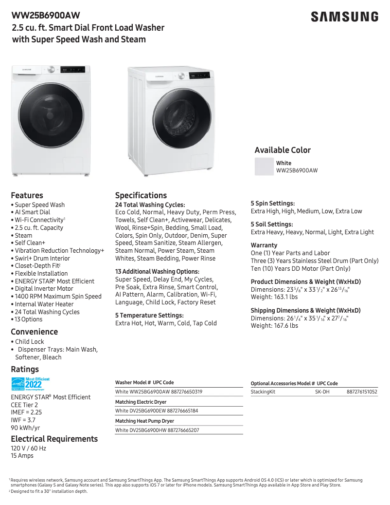 Page 1 de la notice Fiche technique Samsung WW25B6900AW