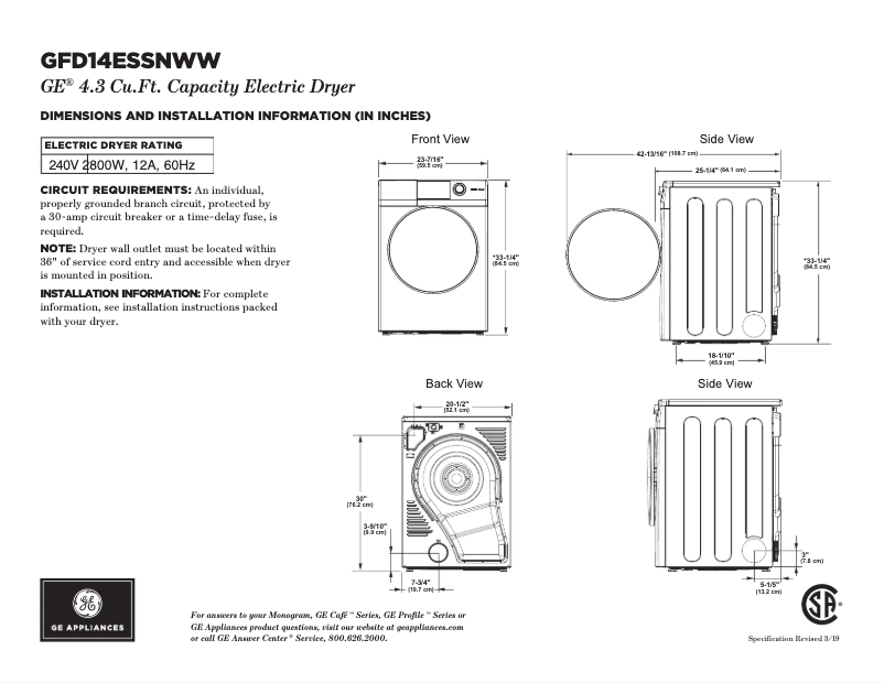 Page 1 de la notice Fiche technique GE GFD14ESSNWW