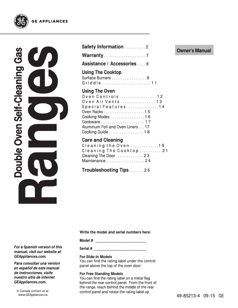 Page n°1 - Manuel d'utilisation et d'entretien GE PGS950EEFES