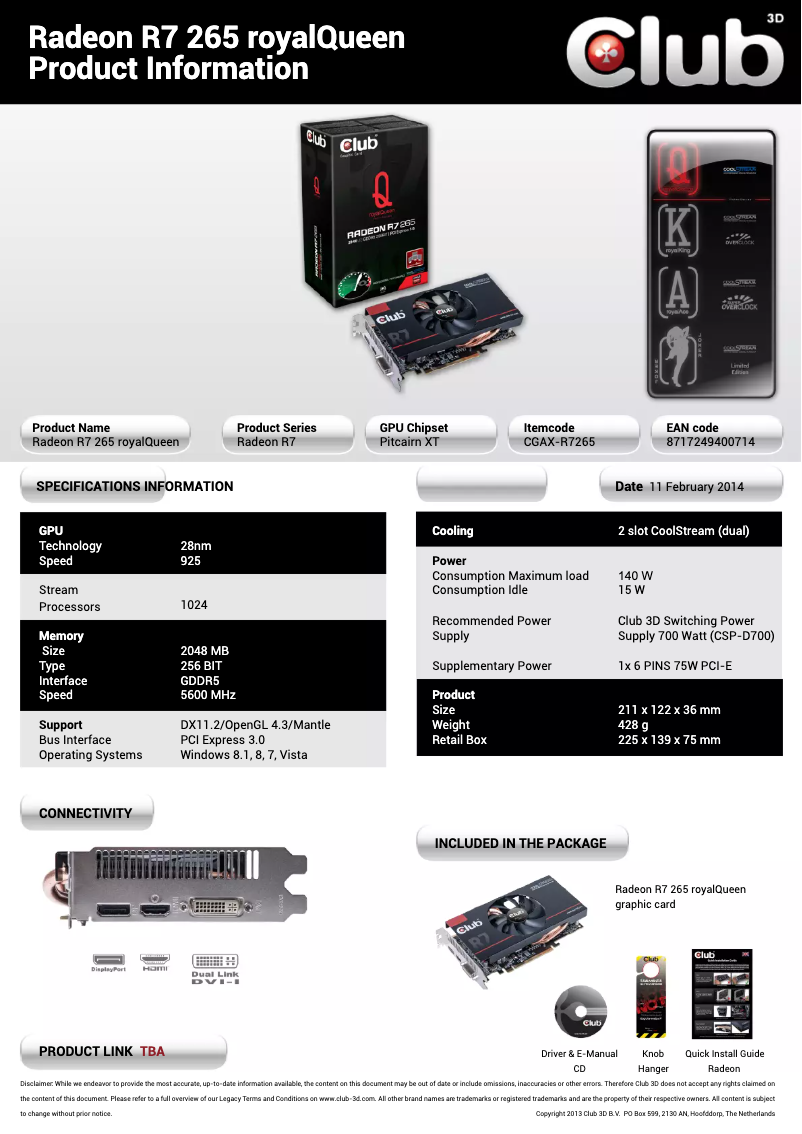 Page 1 de la notice Manuel utilisateur CLUB3D Radeon R7 265 royalQueen