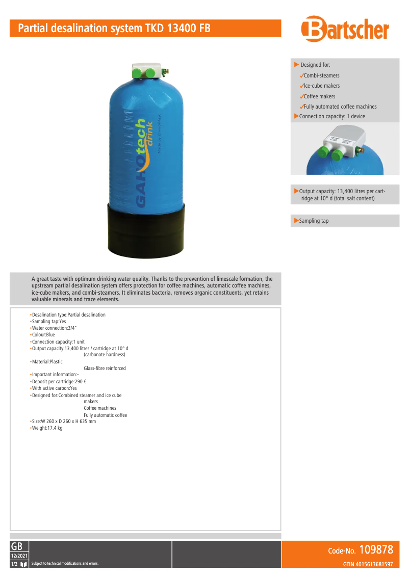 Page 1 de la notice Manuel utilisateur Bartscher TKD 13400 FB