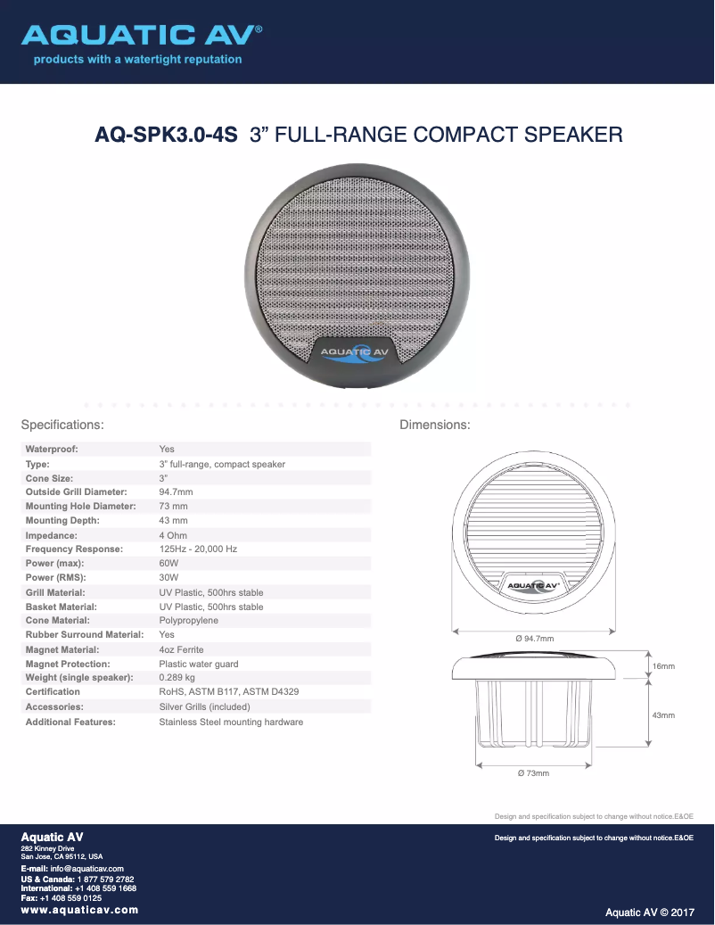 Page 1 de la notice Manuel utilisateur Aquatic AV AQ-SPK3.0-4S
