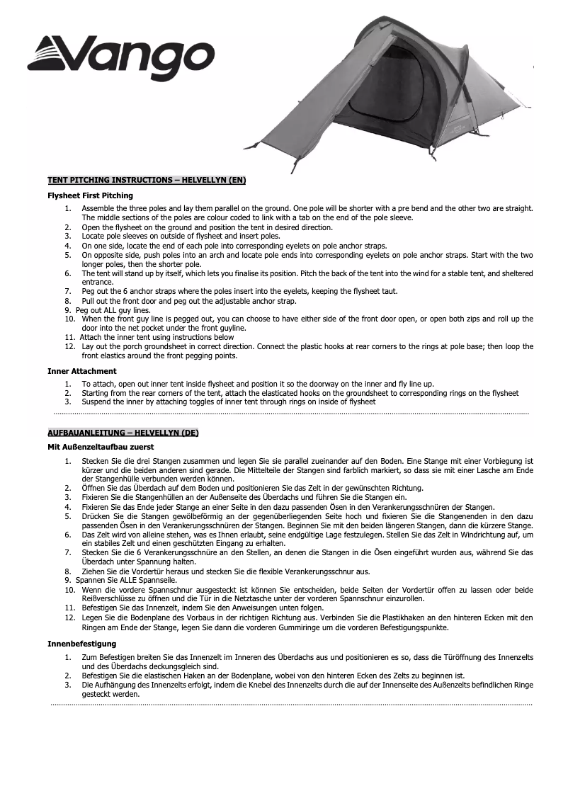 Page n°1 - Manuel utilisateur Vango Helvellyn 200