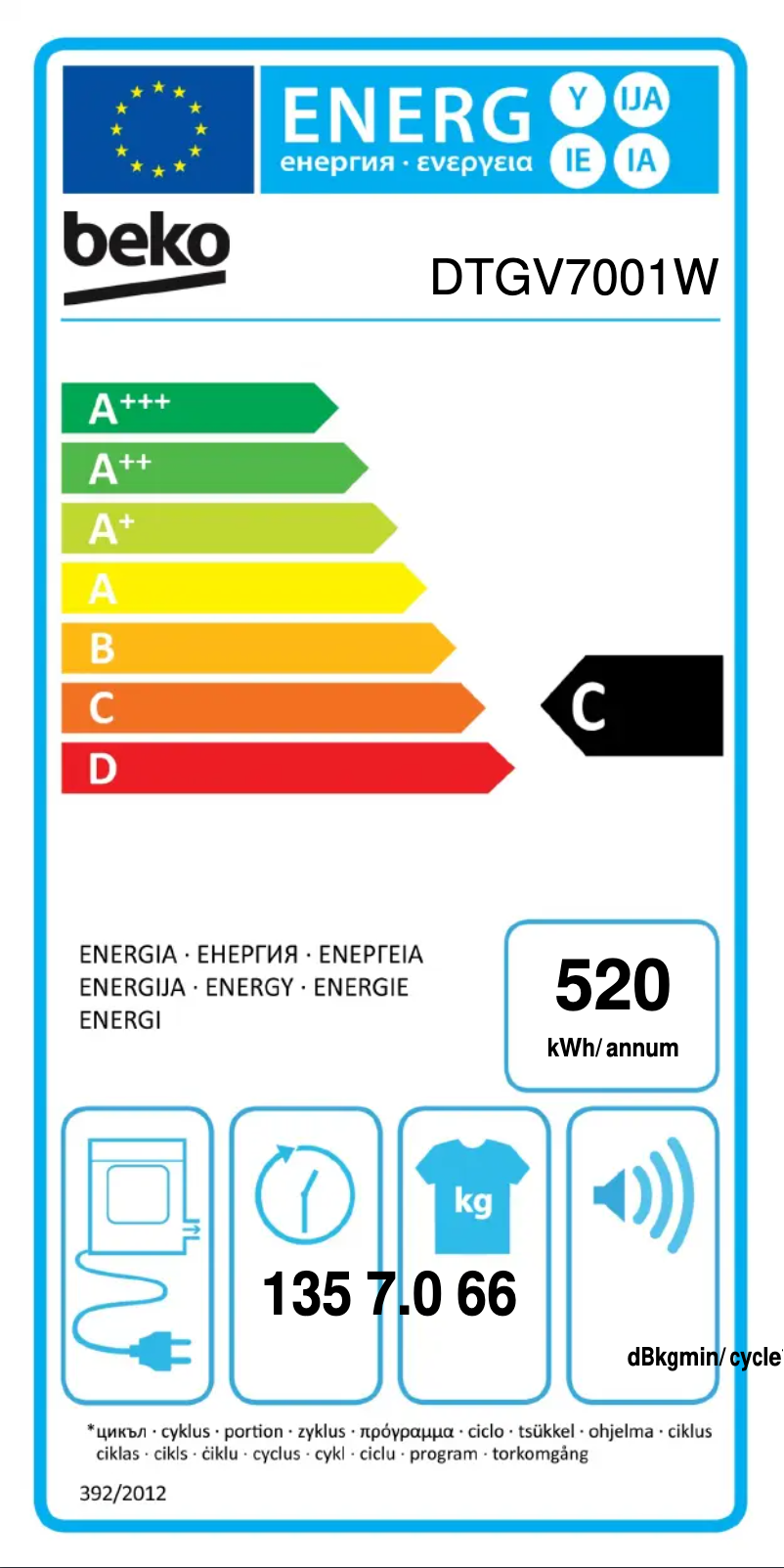 Page 1 de la notice Label énergétique Beko DTGV7001W
