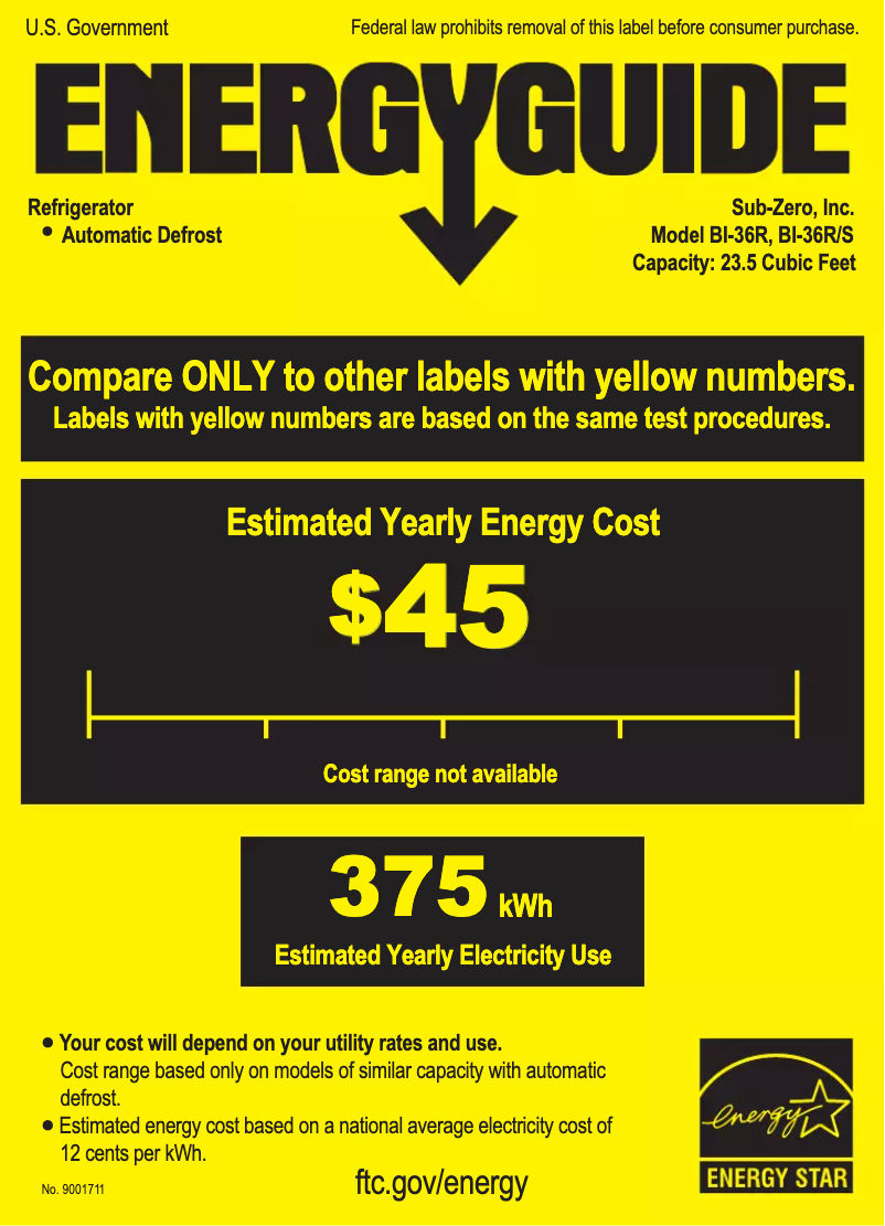 Page 1 de la notice Label énergétique Sub-Zero BI-36R/O-RH