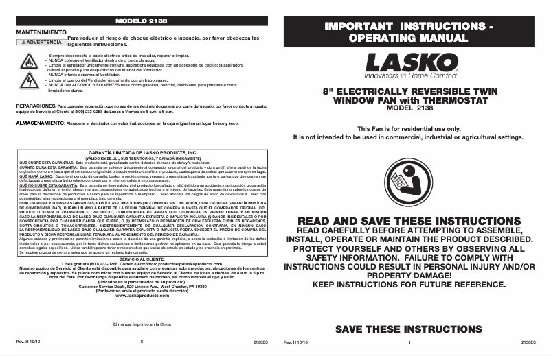 Page 1 de la notice Manuel utilisateur Lasko 2138