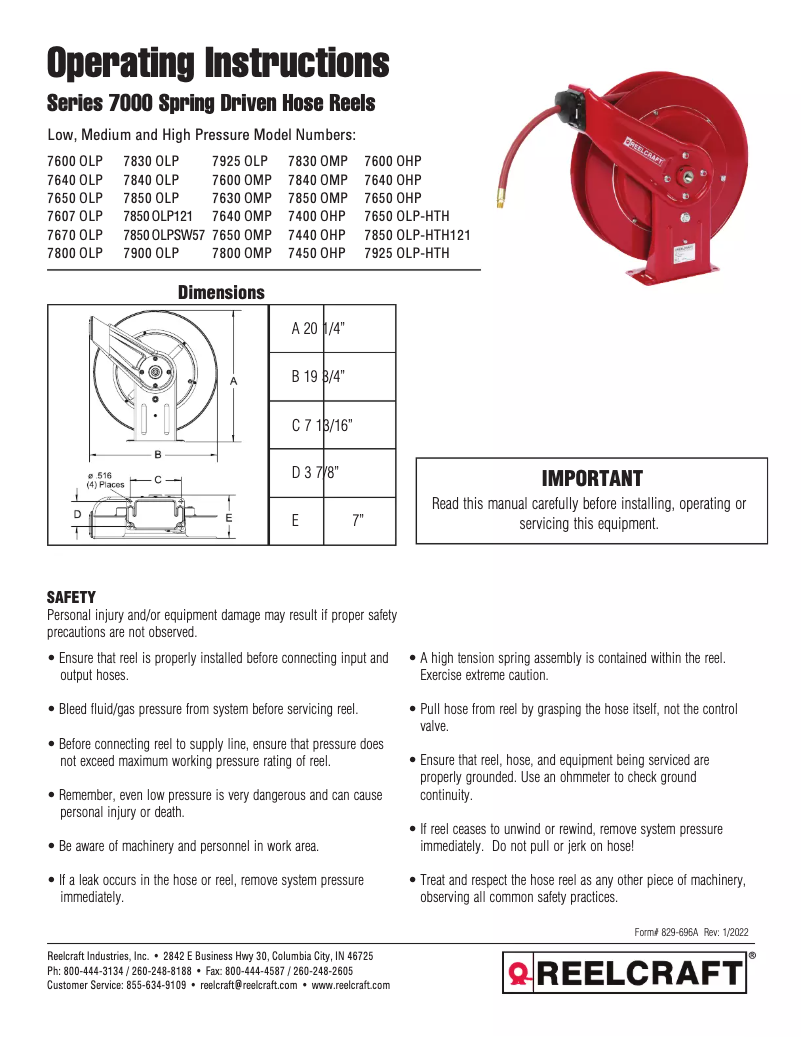 Page 1 of the manual User Manual Reelcraft 7670 OLP