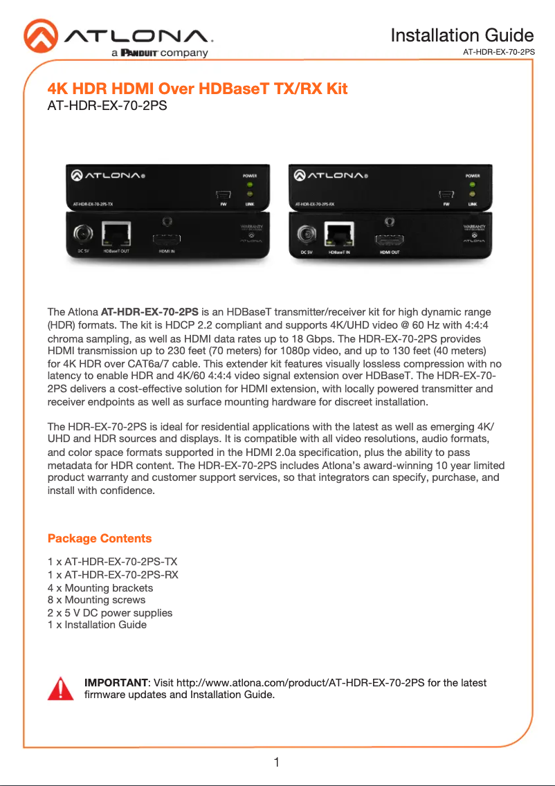 Image de la première page du manuel de l'appareil AT-HDR-EX-70-2PS