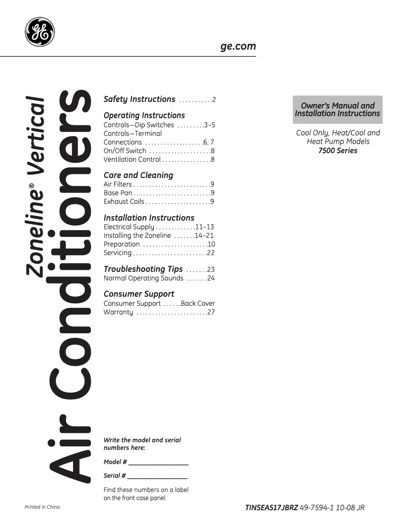 Page n°1 - Manuel d'utilisation et d'entretien GE AZ75H18DAC
