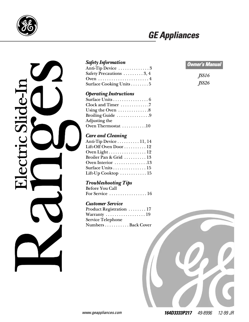 Page 1 de la notice Manuel d'utilisation et d'entretien GE JSS16PWAD