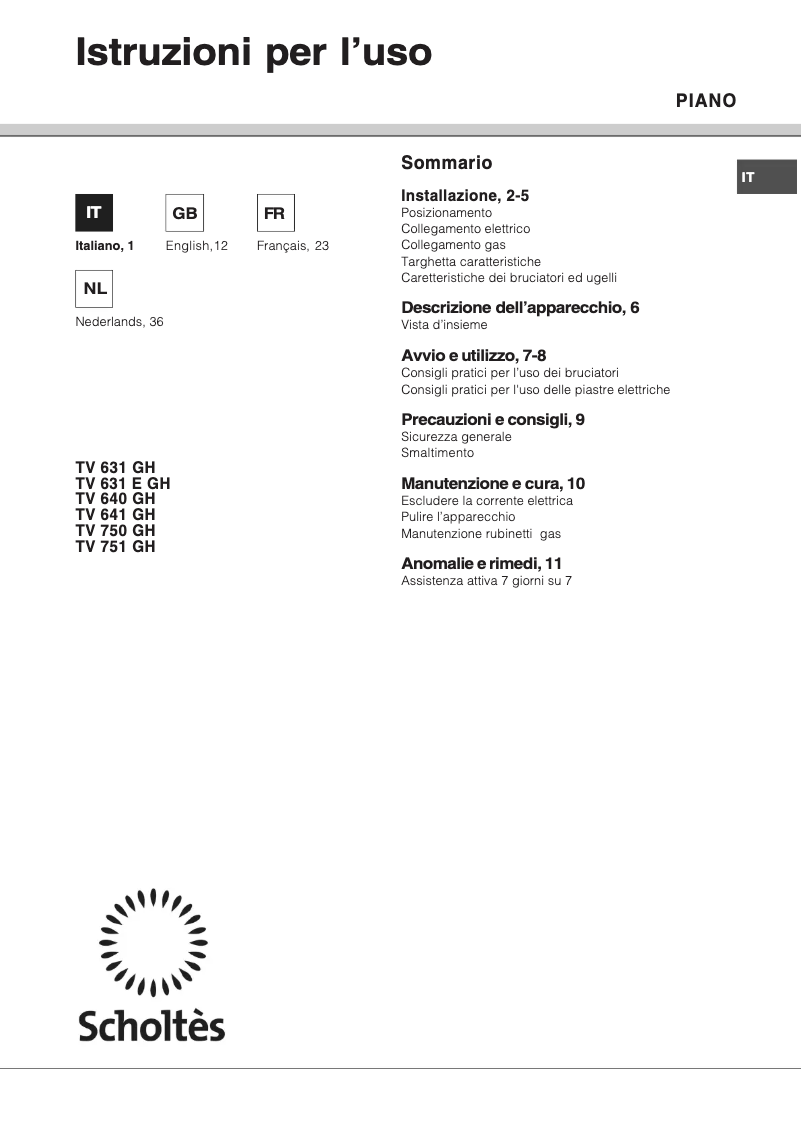 Page 1 de la notice Manuel utilisateur Scholtès TV 640 GHBK