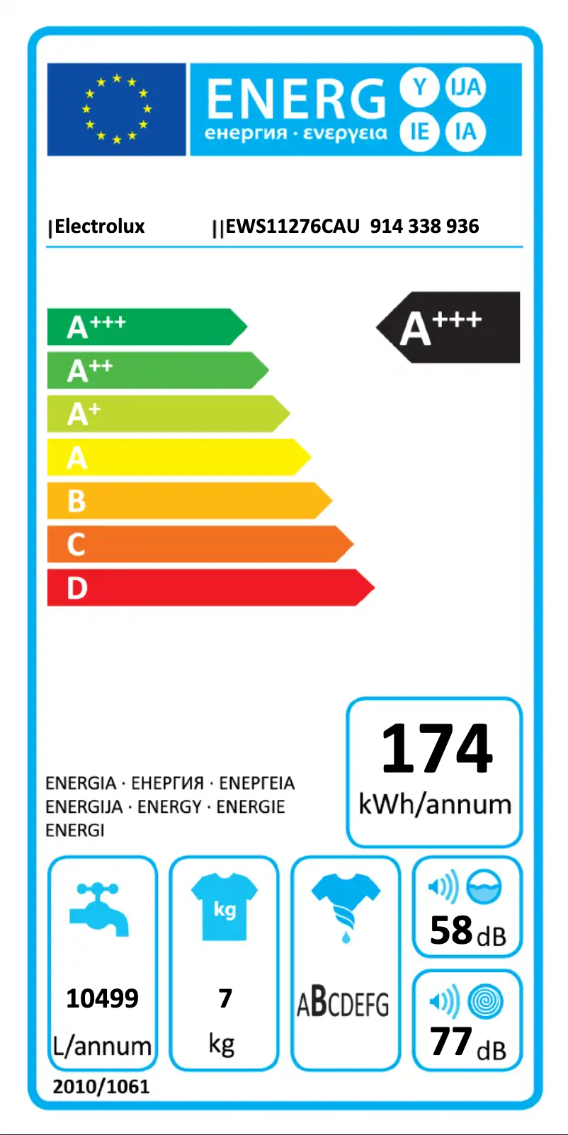Page n°1 - Label énergétique Electrolux EWS11276CAU