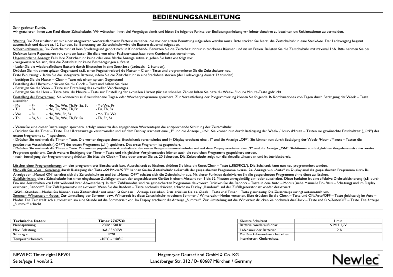 Page 1 de la notice Manuel utilisateur Newlec H24DT