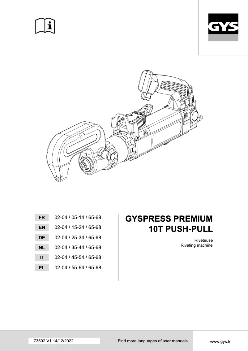 Page n°1 - Manuel utilisateur GYS Gyspress 10T Push-Pull
