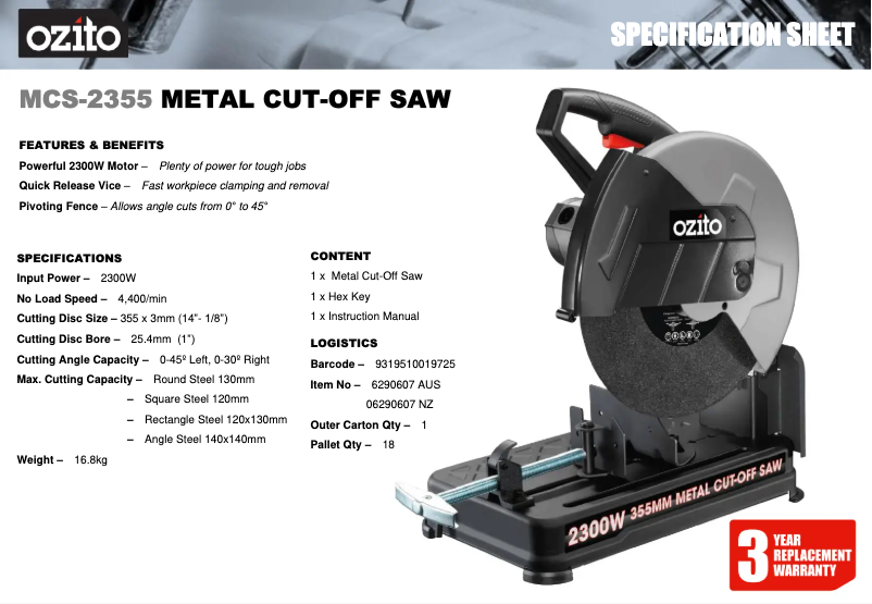 Página 1 del manual Ficha técnica Ozito MCS-2355