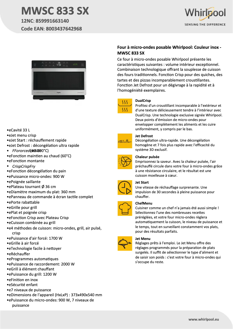 Page 1 de la notice Fiche technique Whirlpool MWSC 833 SX