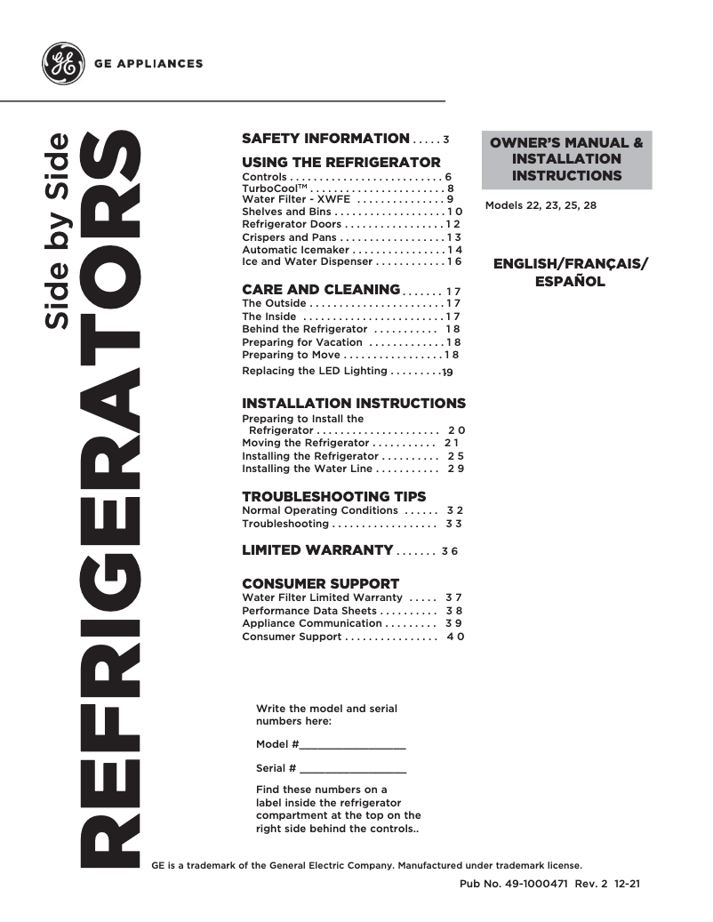 Page 1 de la notice Guide d'installation GE Profile PSS28KYHFS