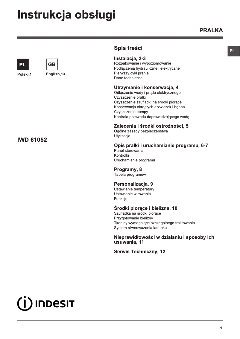 Page 1 de la notice Manuel utilisateur Indesit IWD 61052 C ECO PL