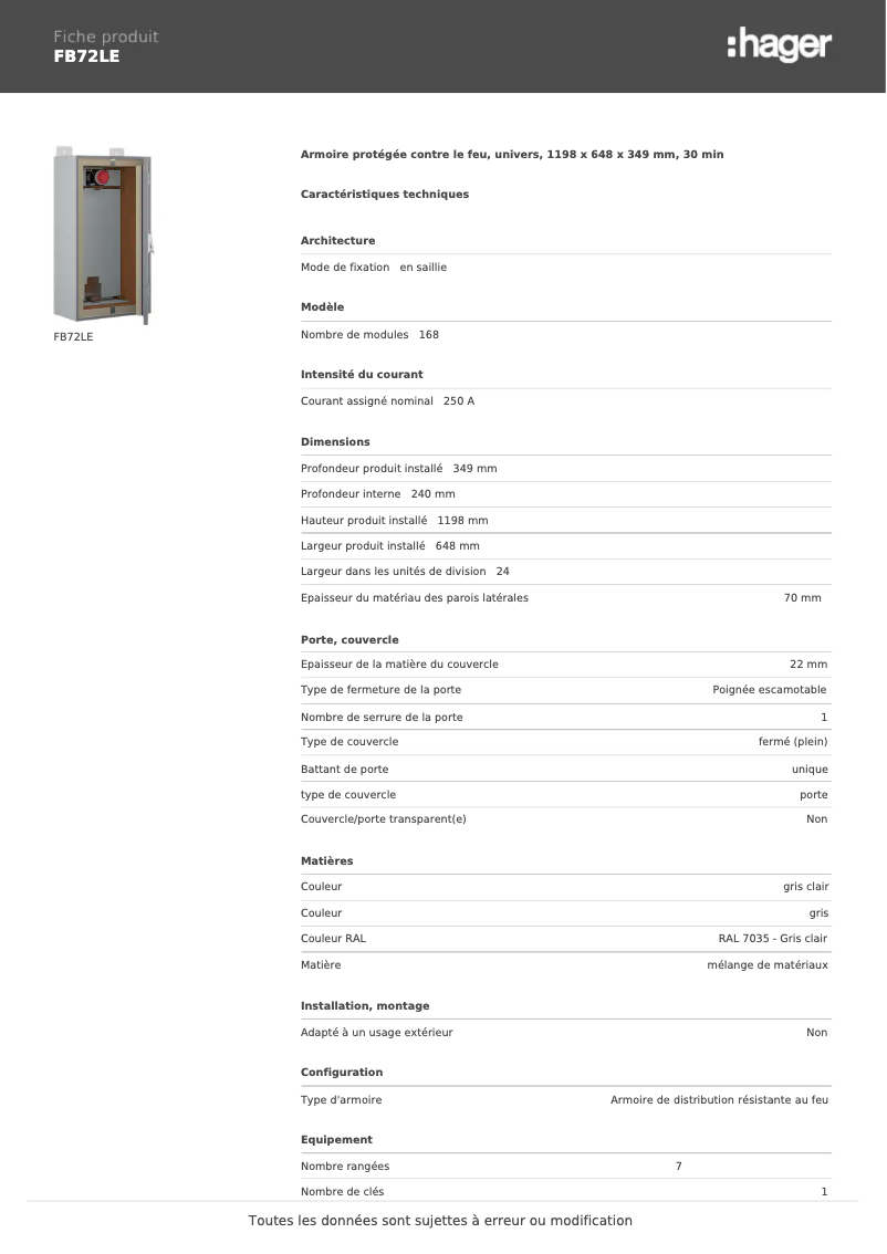 Página 1 del manual Ficha técnica Hager FB72LE