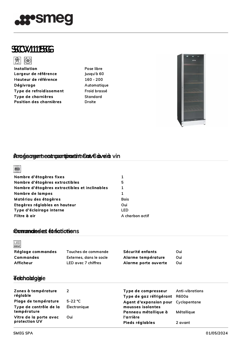 Page 1 de la notice Fiche technique Smeg SCV115G