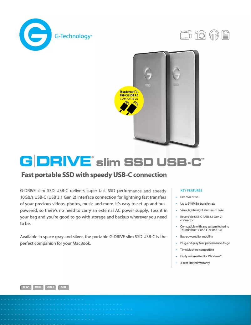 Page n°1 - Fiche technique G-Technology G-DRIVE slim SSD USB-C